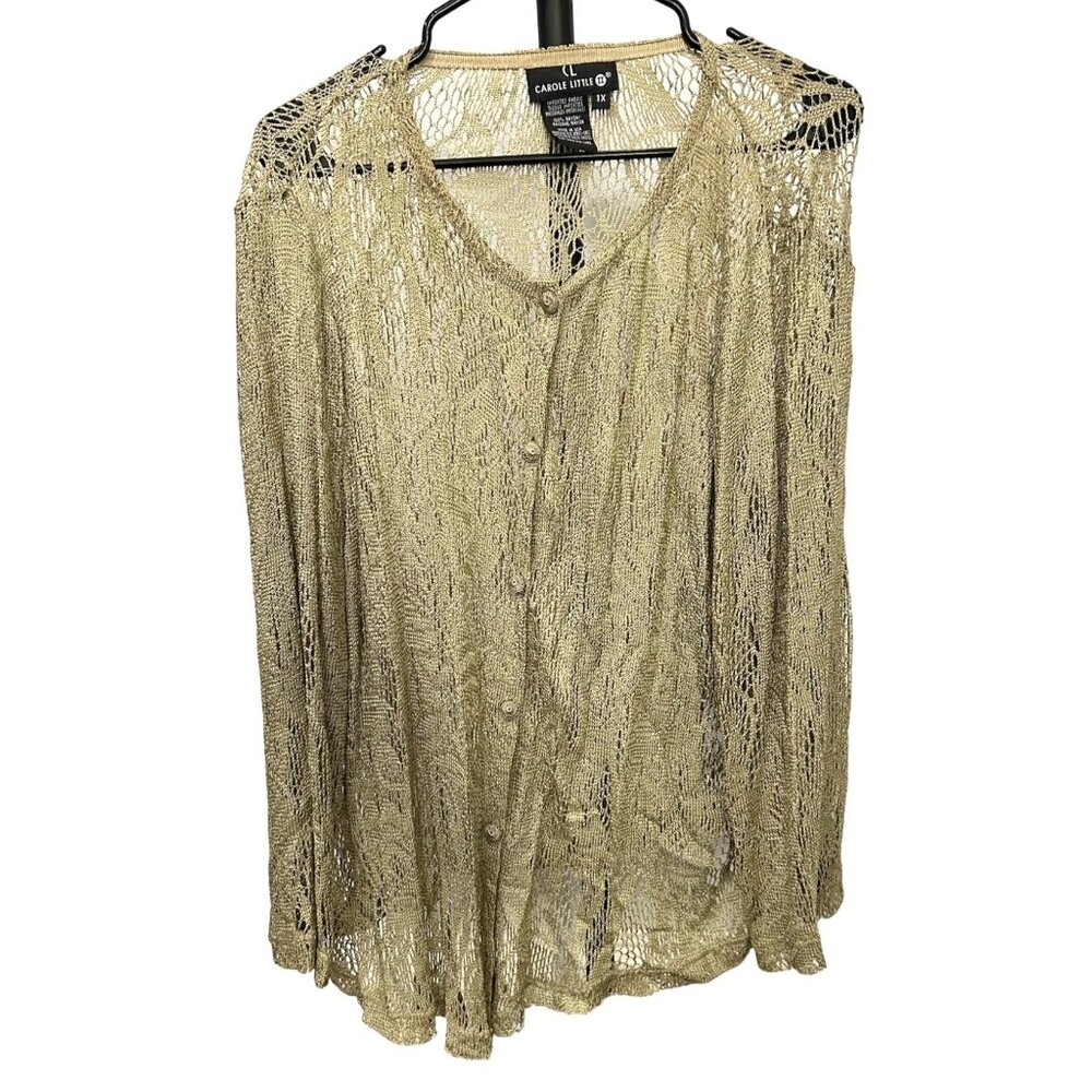 Vintage Carole Little Womens Gold Metallic Open Knit Cardigan Sweater Sz 1X